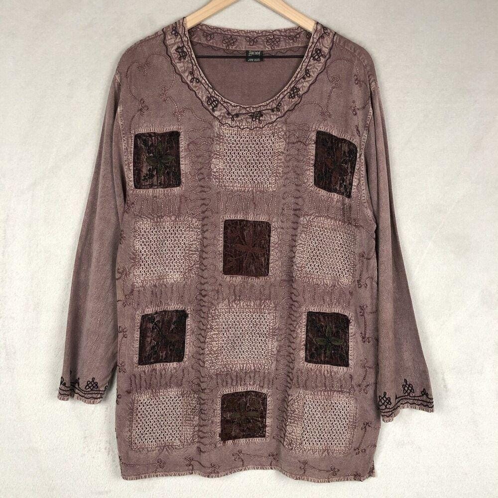 VTG SACRED THREADS Embroidered Boho Tunic One Size OS Printed‎ Rayon Top Flowy
